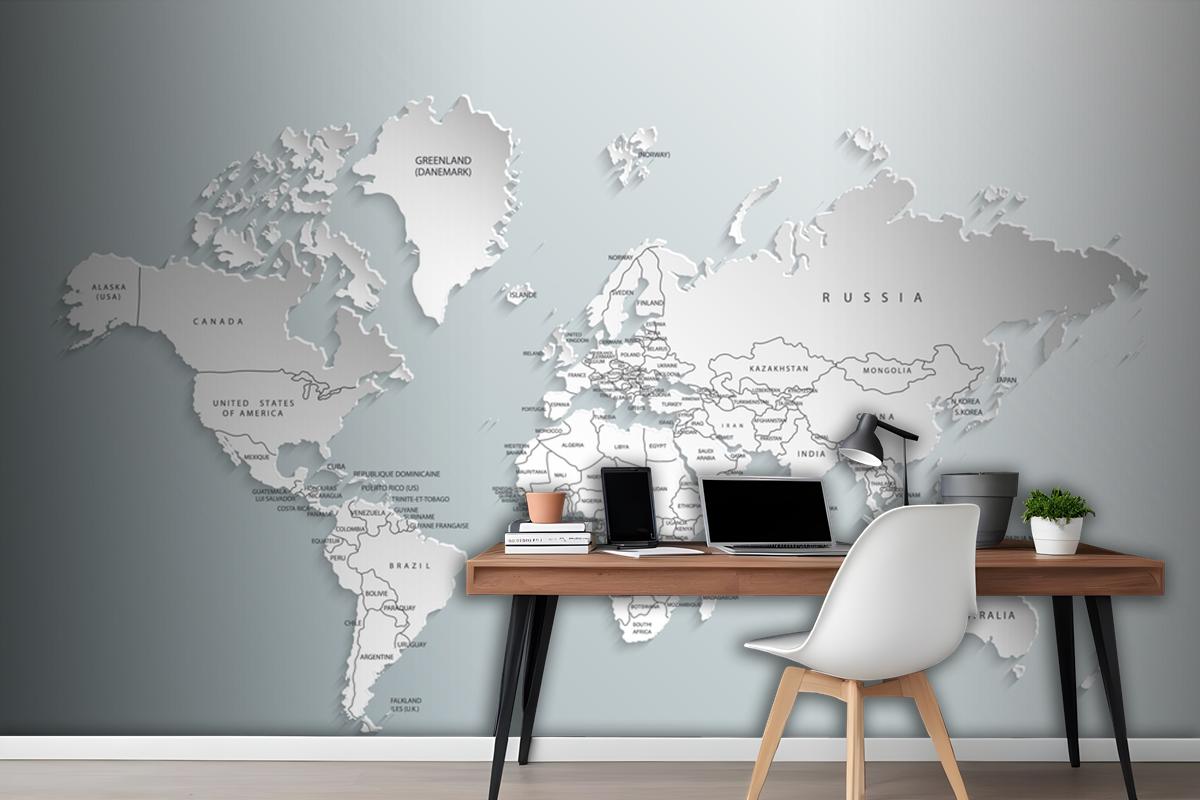 Gray World Map Countries Wallpaper Mural