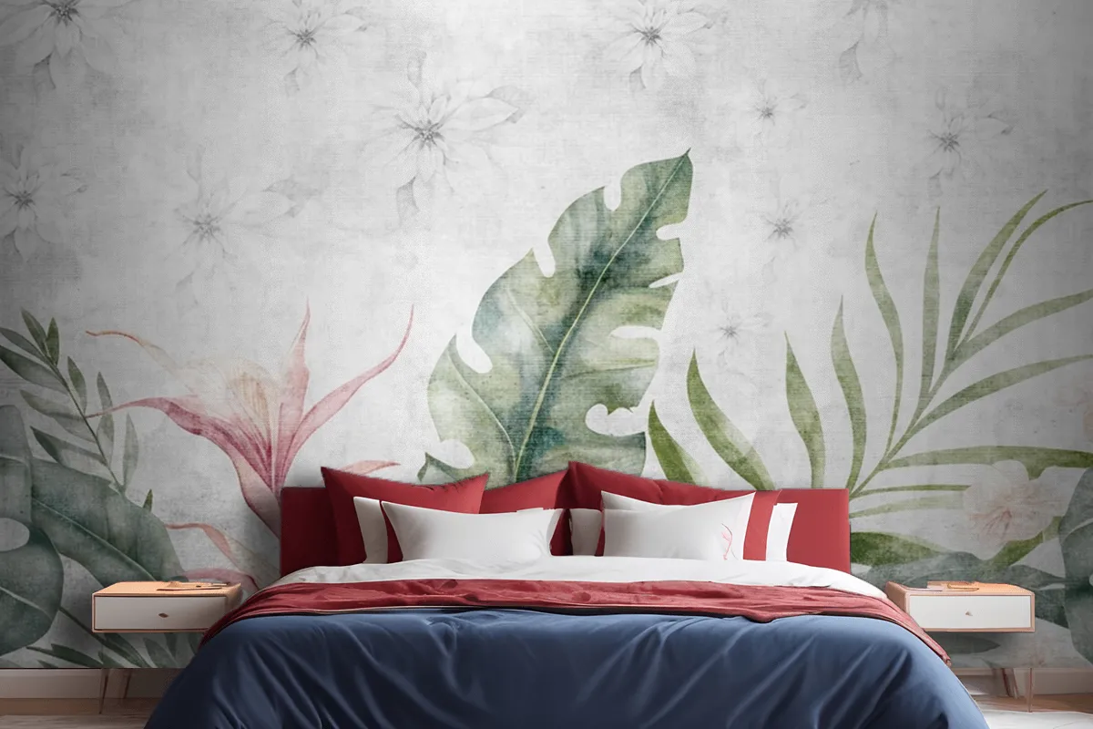 Green Branches Tree Leaves On Drawing Gray Wallpaper Mural