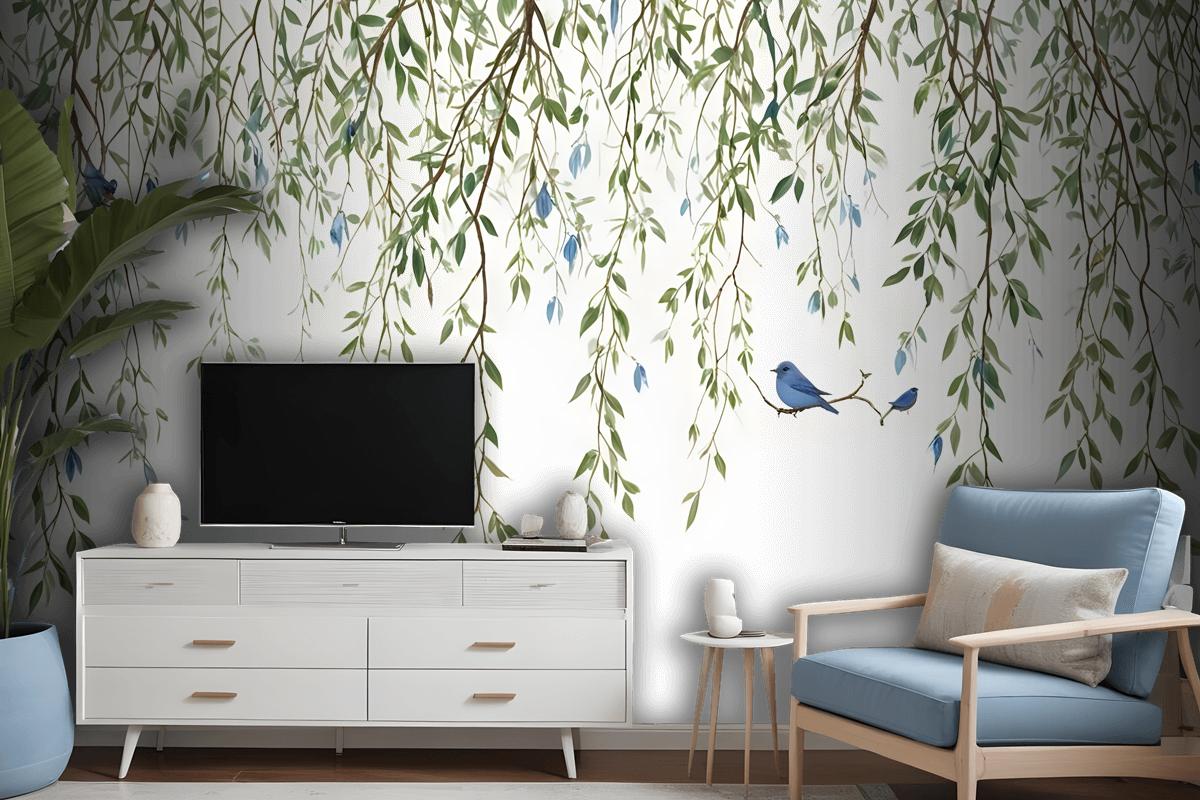 Green Hanging Leaves With Colorful Birds Wallpaper Mural