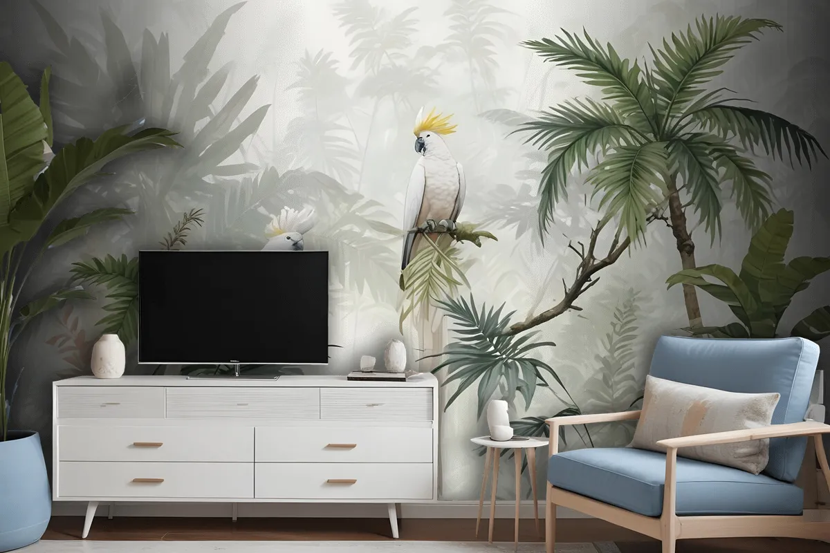 Green Tropical Forest With Parrot Wallpaper Mural