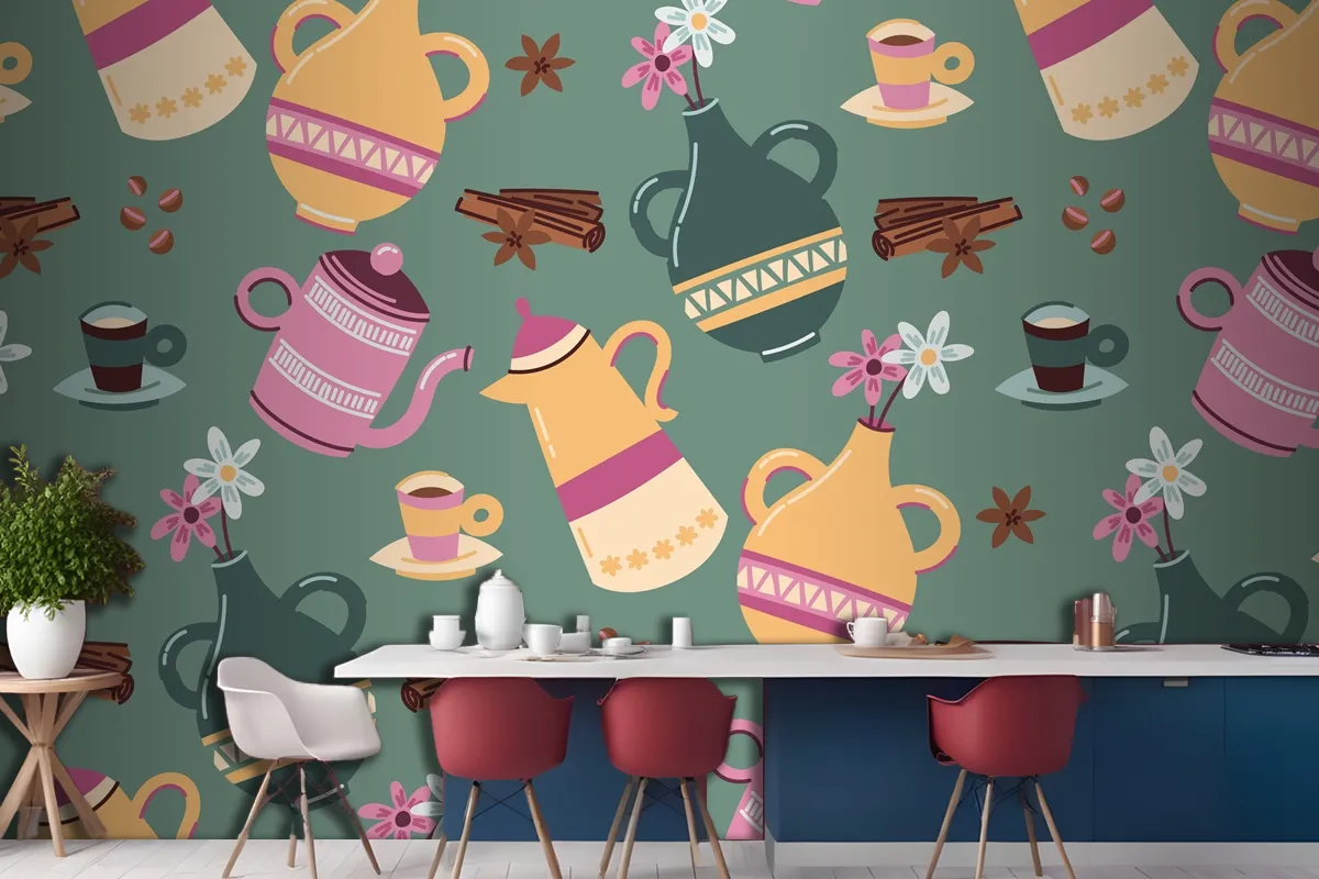 Hand Drawn Colorful Coffee Pattern Wallpaper Mural