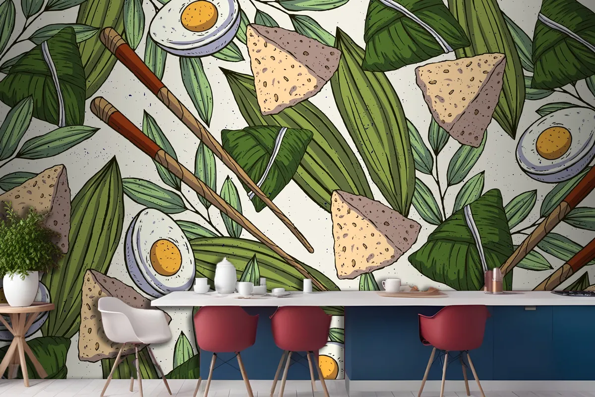 Hand Drawn Dragon Boats Zongzi Wallpaper Mural