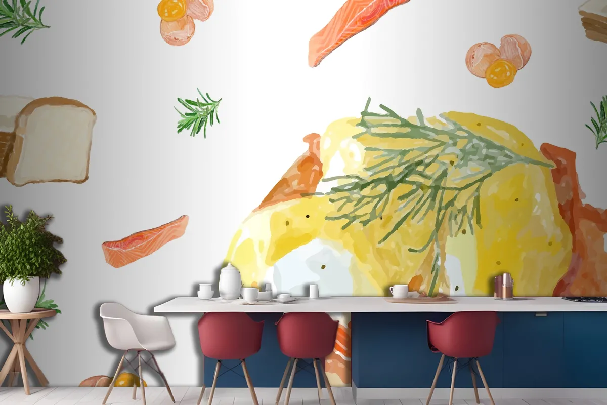 Hand Drawn Egg Benedic Watercolor Style Wallpaper Mural