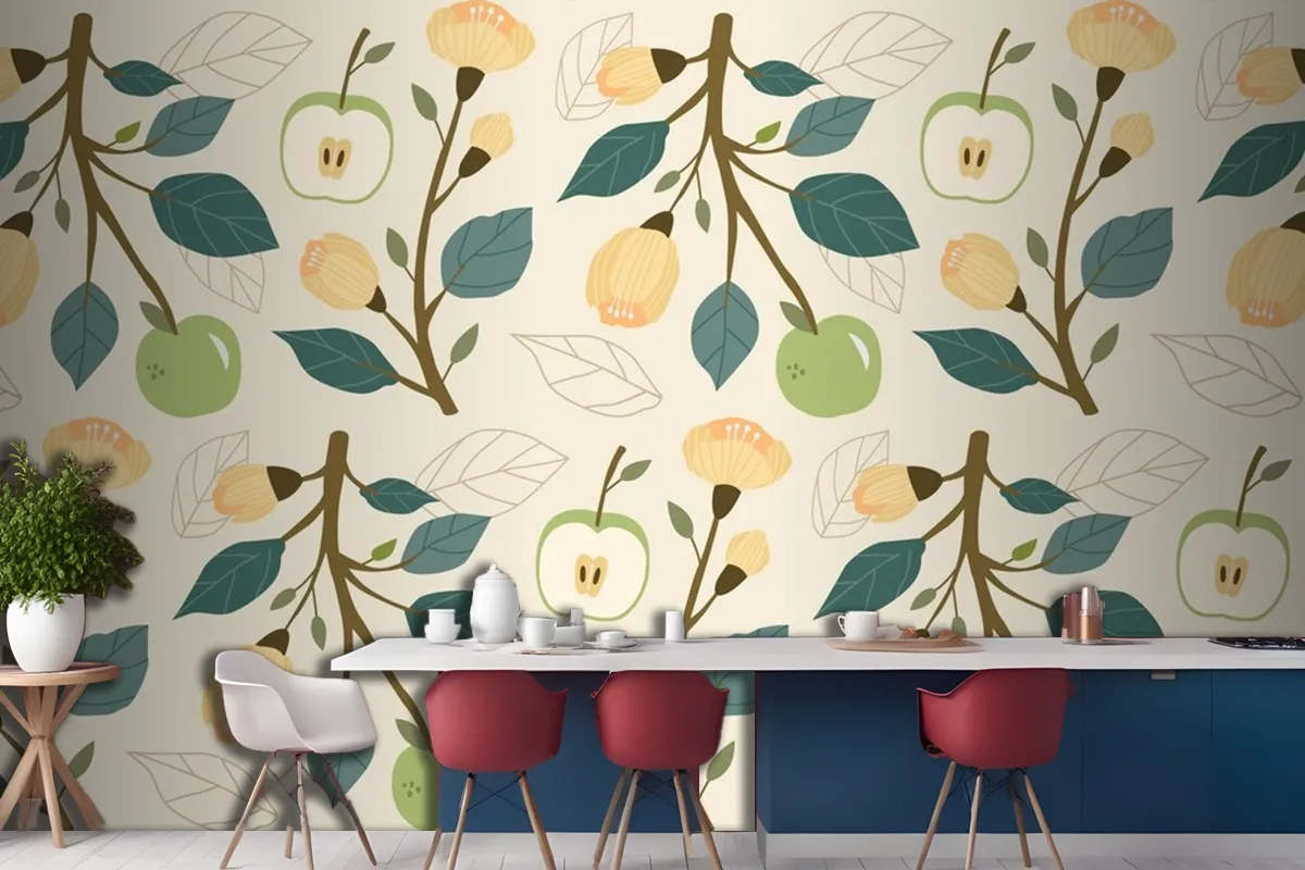 Hand Drawn Flat Fruit And Floral Pattern Kitchen Wallpaper Mural