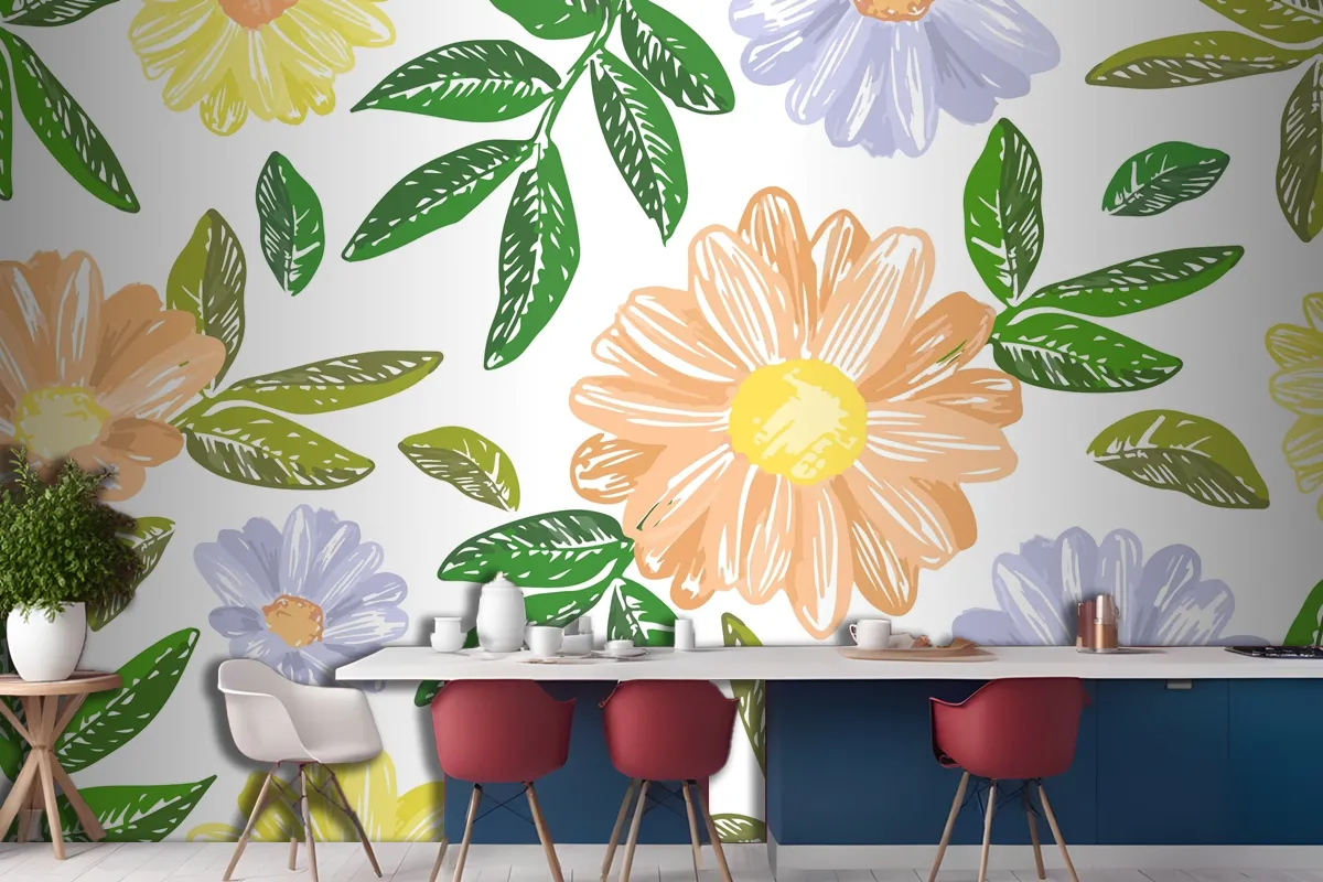 Hand Drawn Floral Embroidery Wallpaper Mural