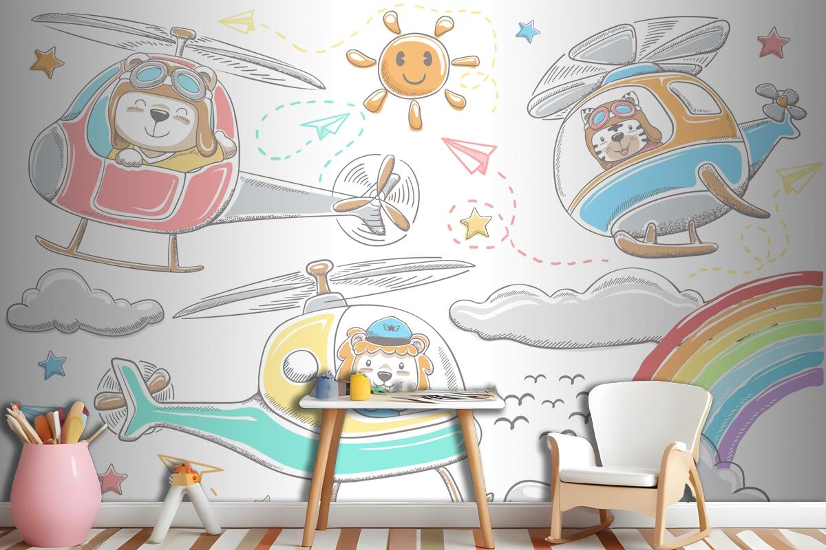 Hand Drawn Funny Animals Cartoon On Helicopters Sky Object Elements Cartoon Wallpaper Mural