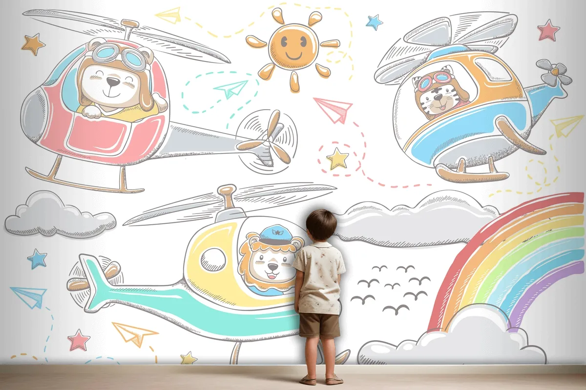 Hand Drawn Funny Animals Cartoon On Helicopters Sky Object Elements Cartoon Wallpaper Mural