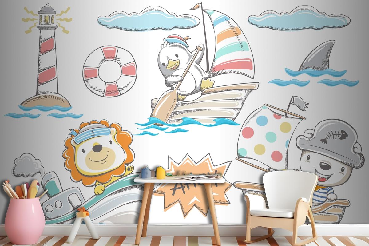 Hand Drawn Funny Animals Sailor With Sea Elements Wallpaper Mural