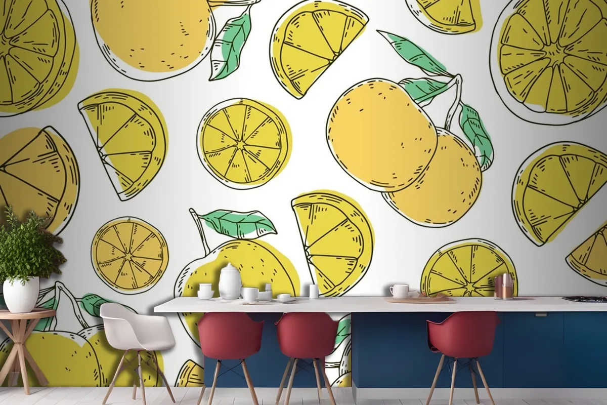 Hand Drawn Lineal Engraved Lemon Pattern Wallpaper Mural