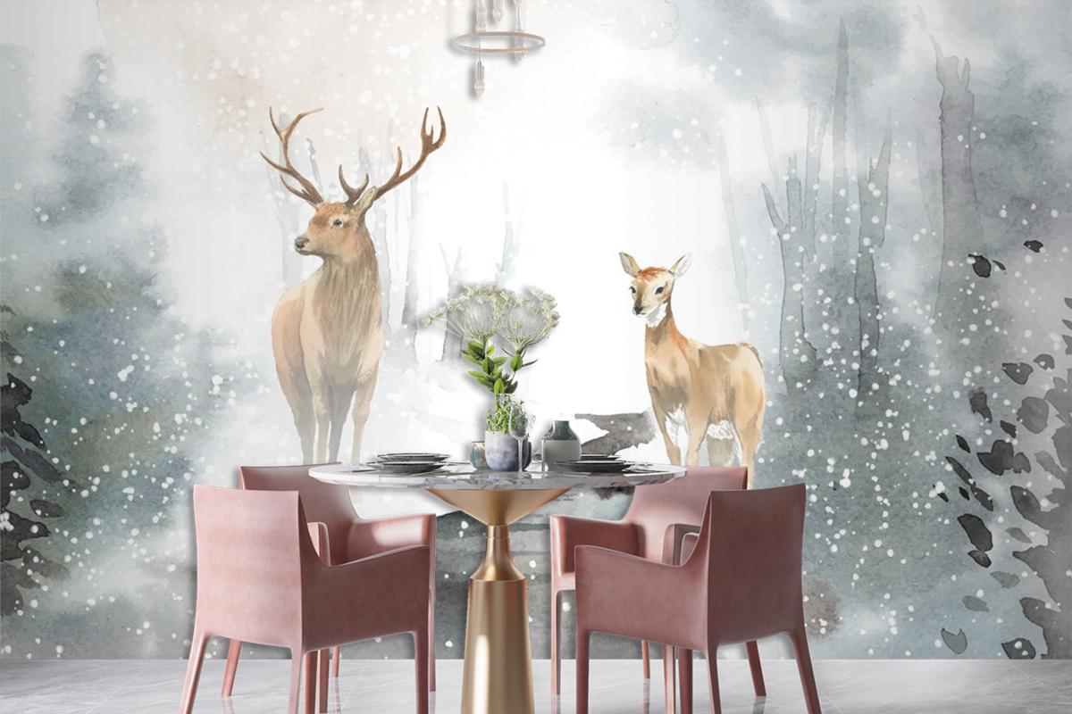 Handdrawn Pair Of Deer Watercolor Style Wallpaper Mural