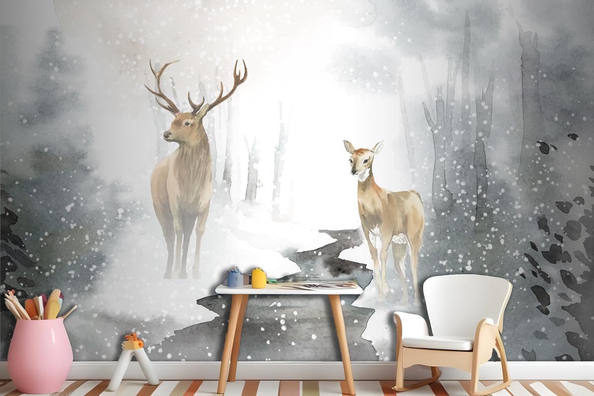 Handdrawn Pair Of Deer Watercolor Style Wallpaper Mural