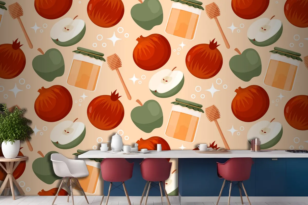 Hand Drawn Pattern Design For Jewish New Year Rosh Hashanah Celebration Wallpaper Mural