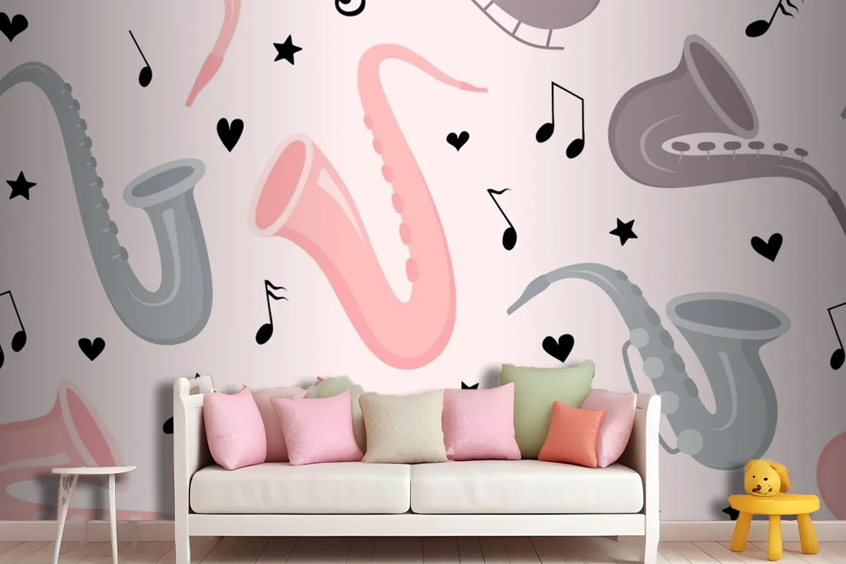 Hand Drawn Saxophone Seamless Pattern Wallpaper Mural