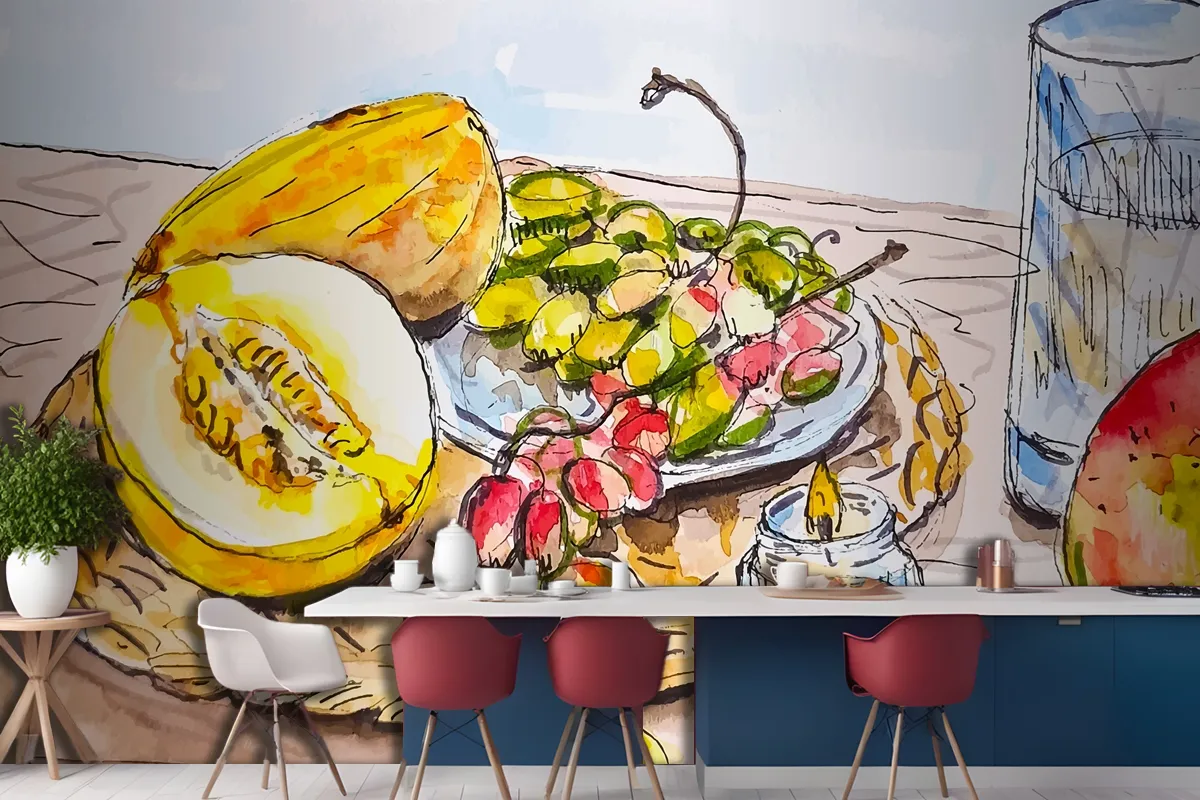 Hand Drawn Sketch Fruits On The Table At The Kitchen Grape Melon Mango Wallpaper Mural