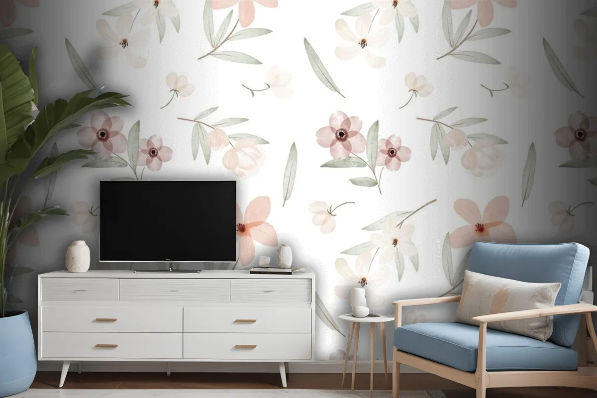 Hand Painted Watercolor Botanical Pattern Wallpaper Mural