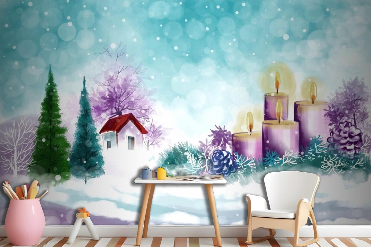 Hand Painted Watercolor Drawing For Christmas And Happy New Year Season Wallpaper Mural