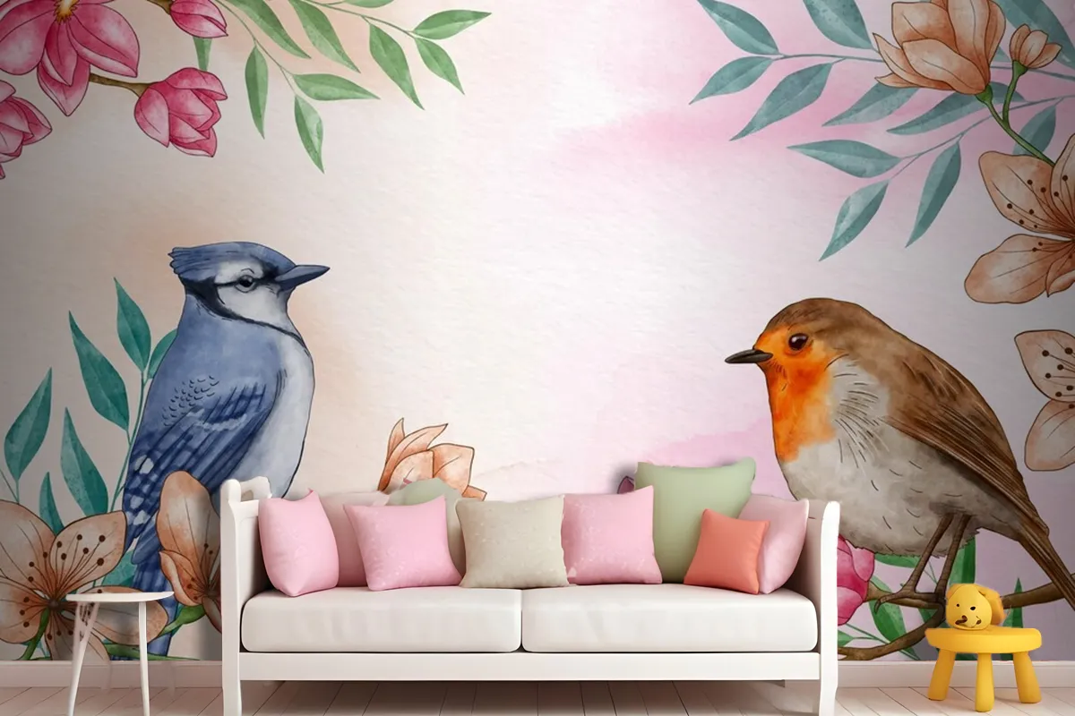 Hand Painted Watercolor Floral Birds Background Wallpaper Mural