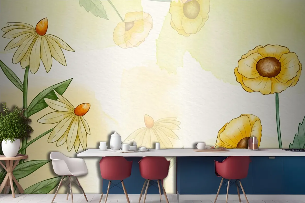 Hand Painted Watercolor Floral Kitchen Wallpaper Mural