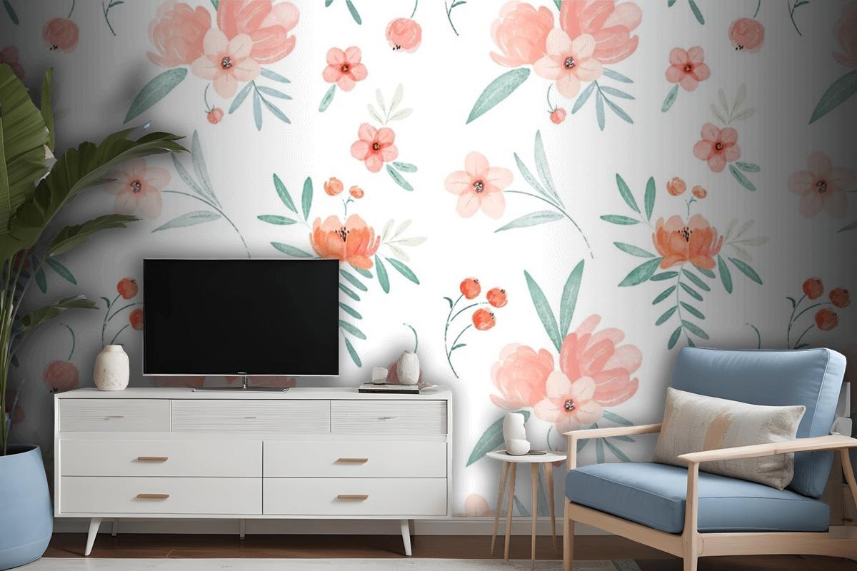 Hand Painted Watercolor Floral Pattern In Peach Tones Wallpaper Mural