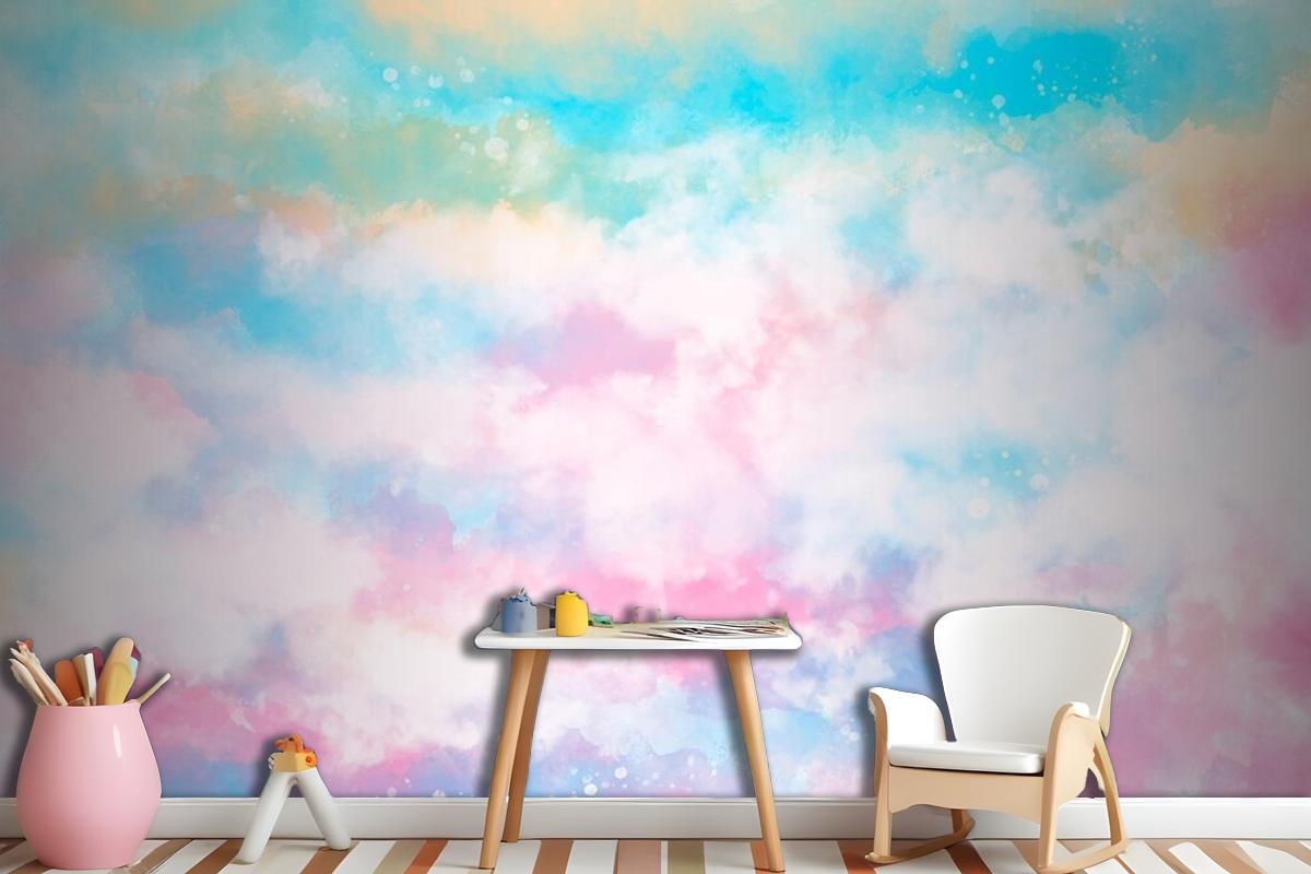 Hand Painted Watercolor Pastel Sky Background Girl Wallpaper Mural