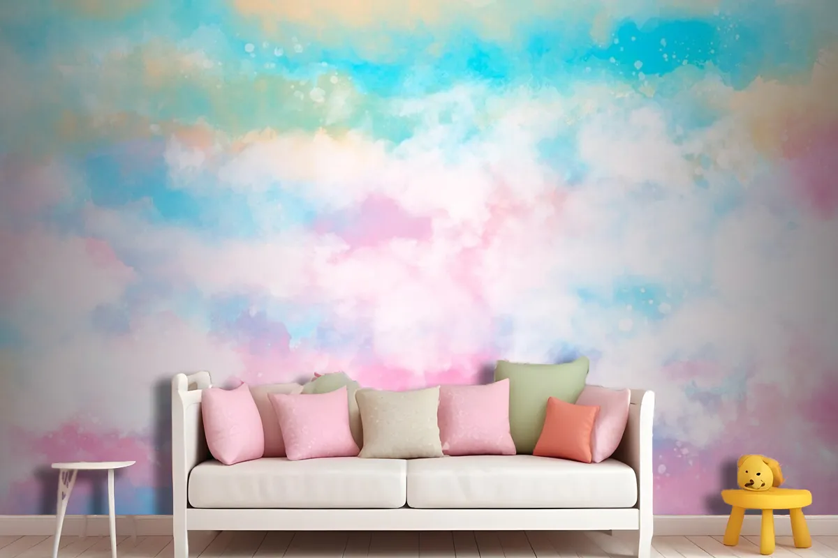 Hand Painted Watercolor Pastel Sky Background Girl Wallpaper Mural