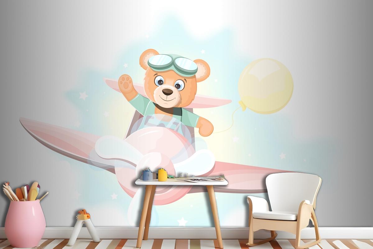 Happy Teddy Bear Flying On An Airplane Wallpaper Mural