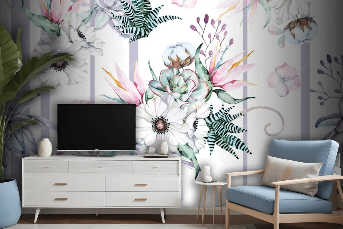 Heliconia Flower Anemone Echeveria Seamless Pattern Wallpaper Mural