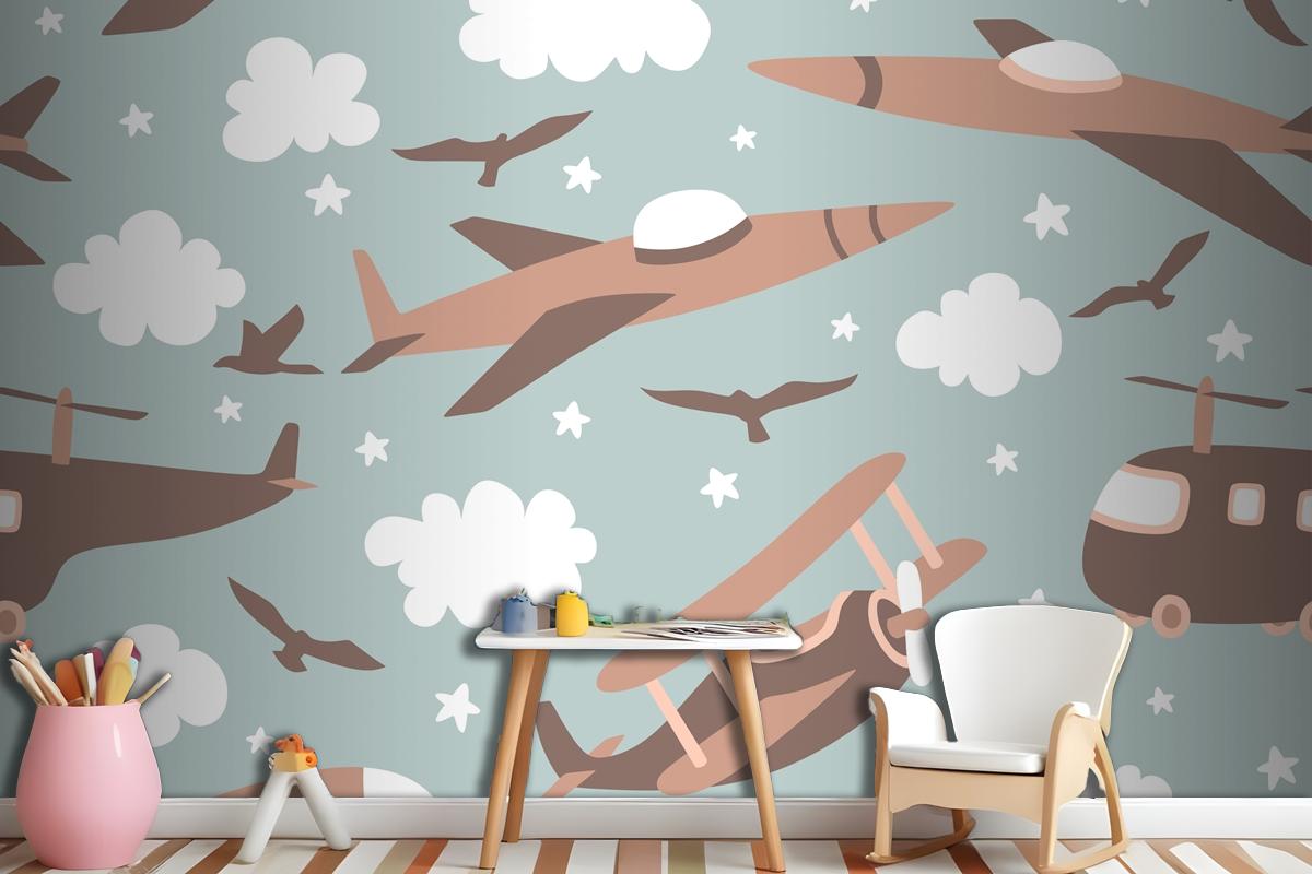 Hipster Doodles Colorful Seamless Pattern With Plane Drawing Boy Wallpaper Mural