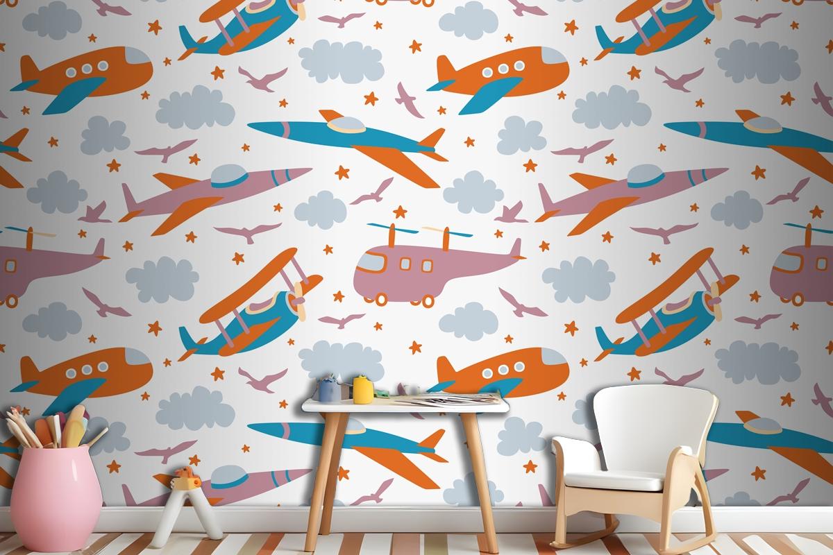 Hipster Doodles Colorful Seamless Pattern With Plane Drawing Wallpaper Mural