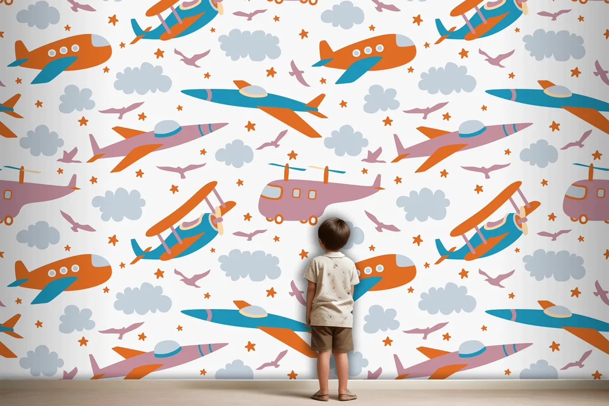 Hipster Doodles Colorful Seamless Pattern With Plane Drawing Wallpaper Mural