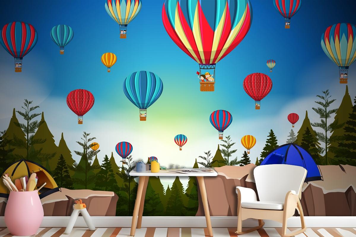 Hot Air Balloon In Nature Landscape Wallpaper Mural