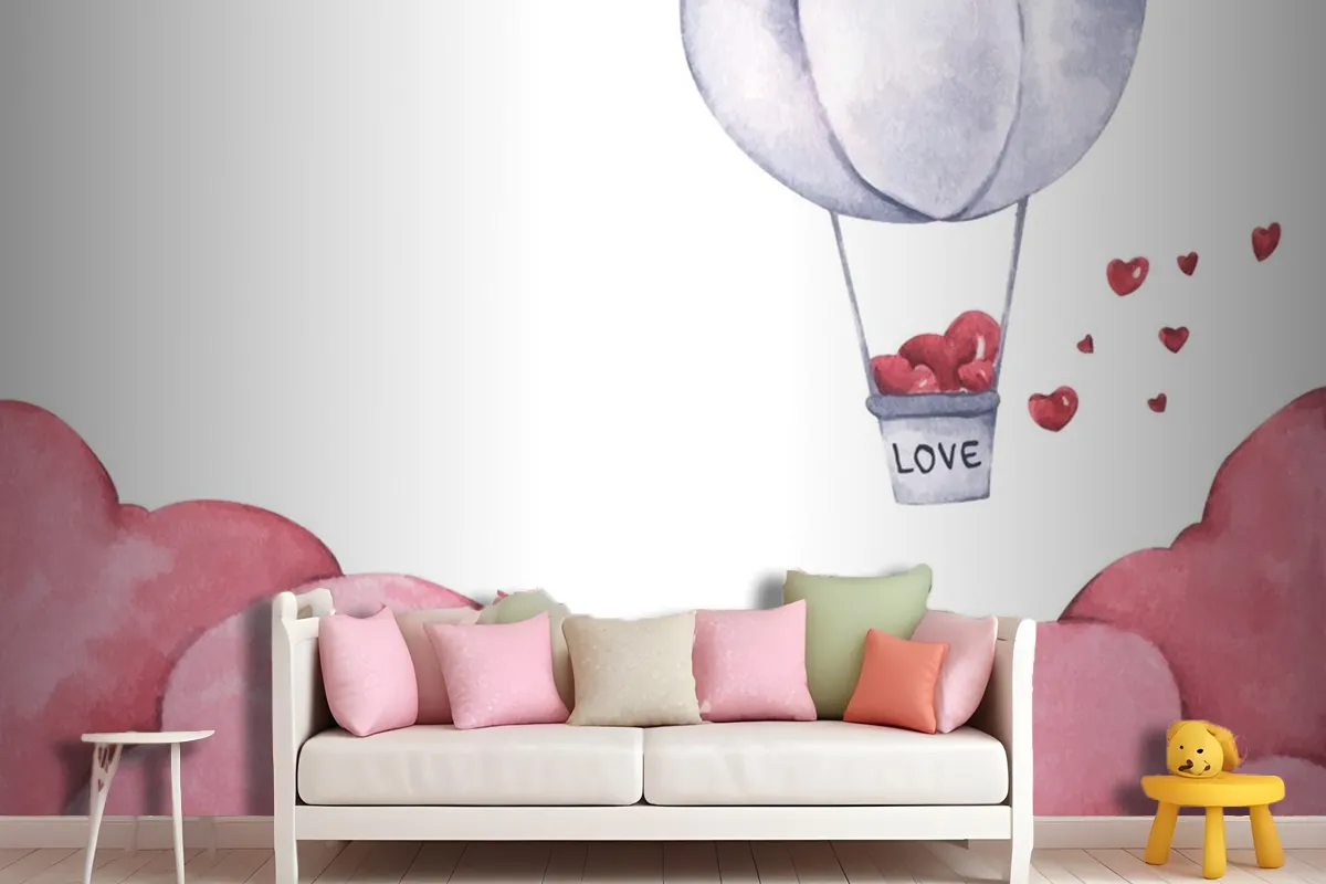 Hot Air Balloon With Heart Float On The Sky Wallpaper Mural