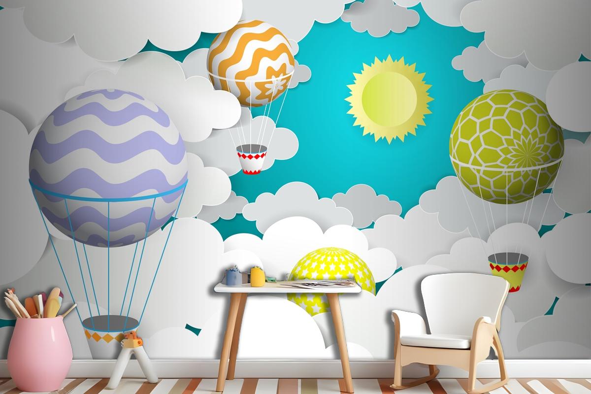 Hot Air Balloons In The Sky Paper Art Style Wallpaper Mural