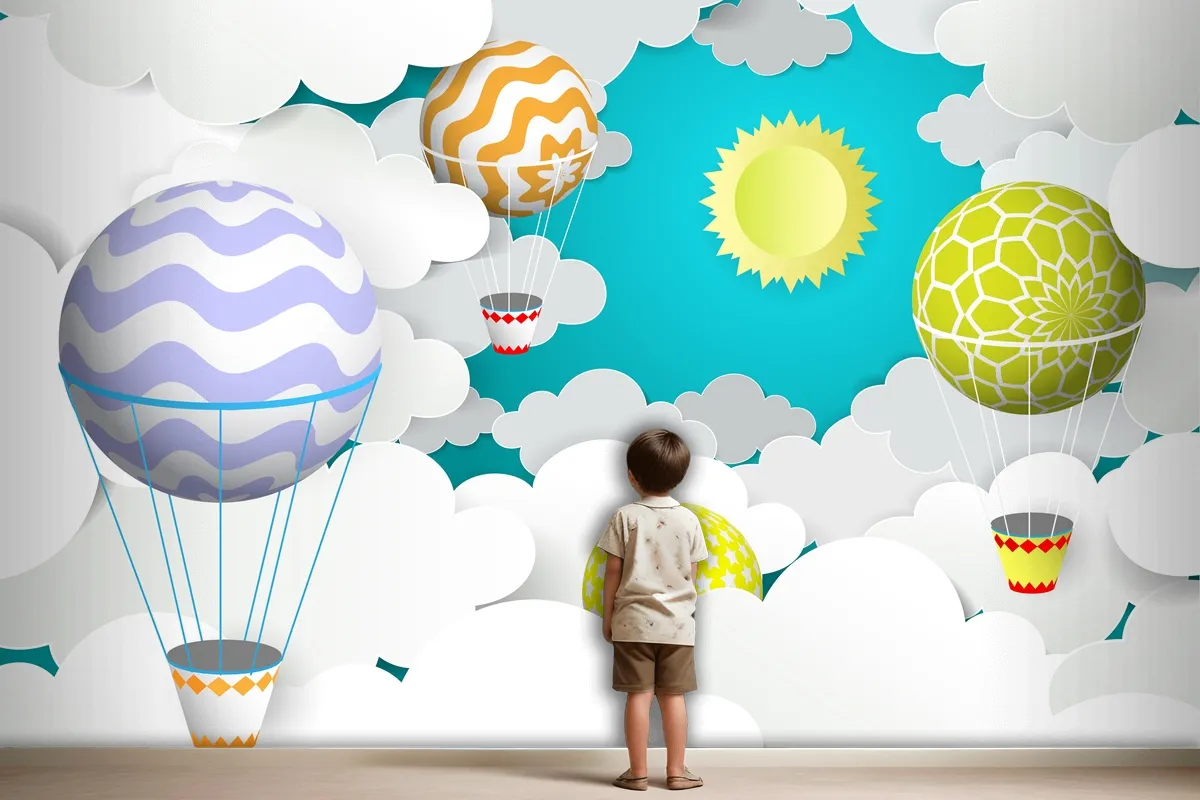 Hot Air Balloons In The Sky Paper Art Style Wallpaper Mural