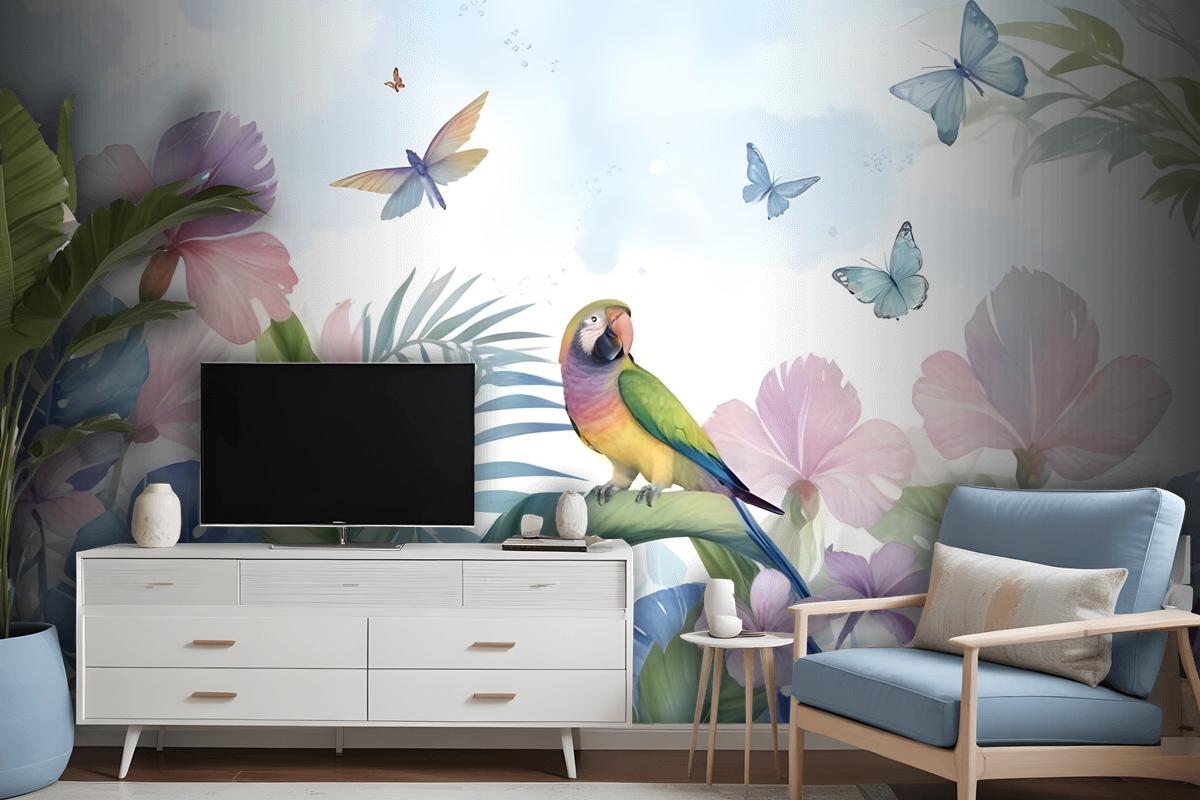 Hydrangea And Peony With Parrot Wallpaper Mural