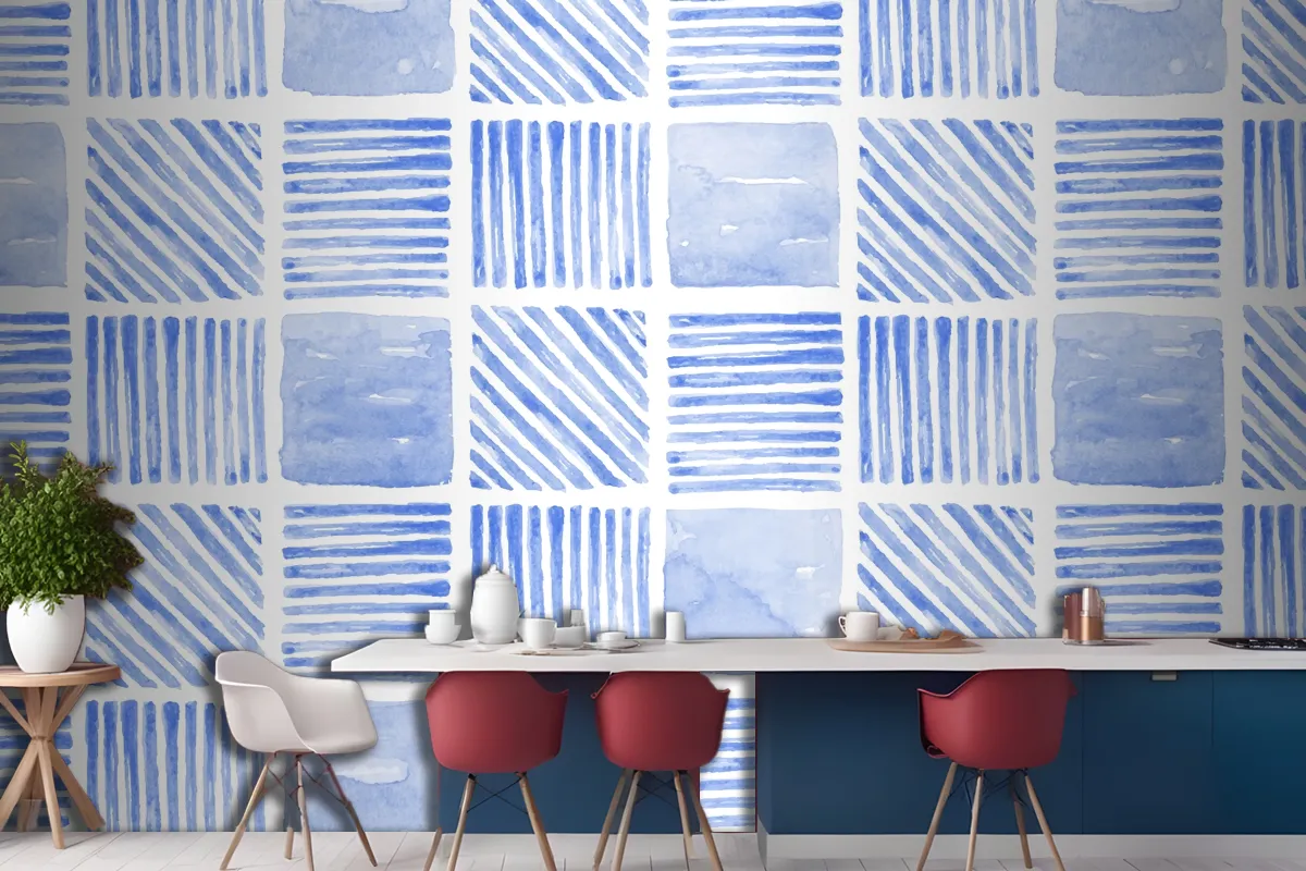 Indigo Blue Watercolor Geometric Seamless Patterned Wallpaper Mural