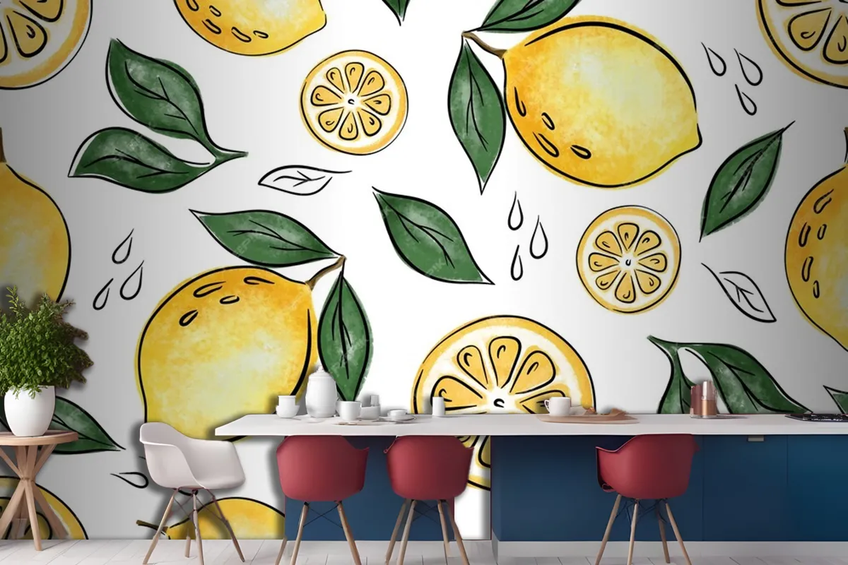 Juicy Seamless Pattern With Lemons And Leaves Wallpaper Mural