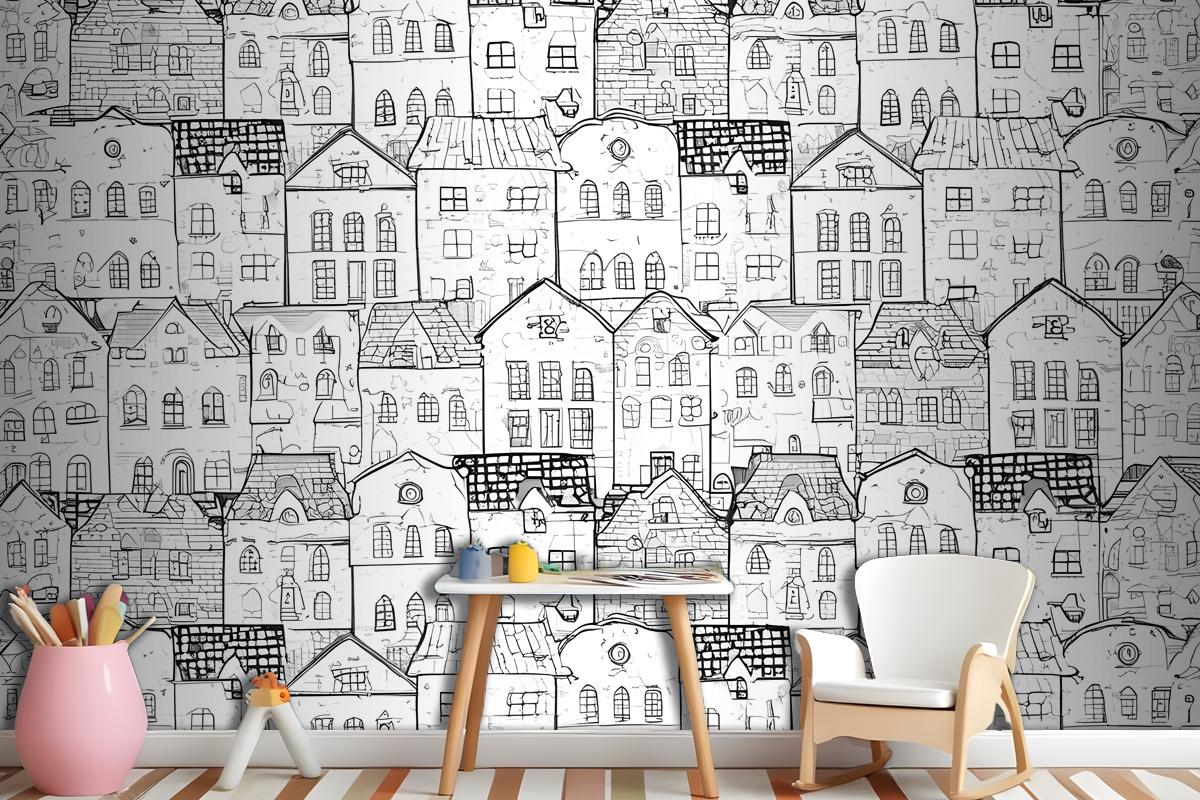 Kids Black And White Sketch House Wallpaper Mural