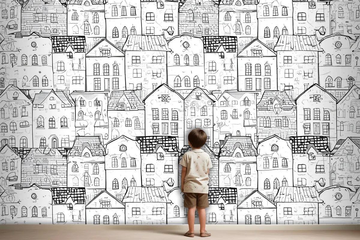 Kids Black And White Sketch House Wallpaper Mural