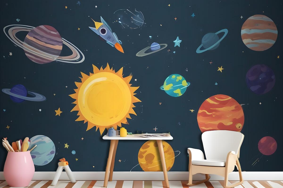 Kids Boys Watercolor Space And Solar System Wallpaper Mural