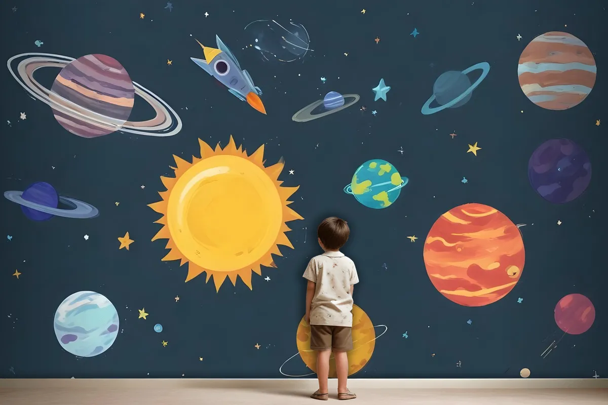 Kids Boys Watercolor Space And Solar System Wallpaper Mural