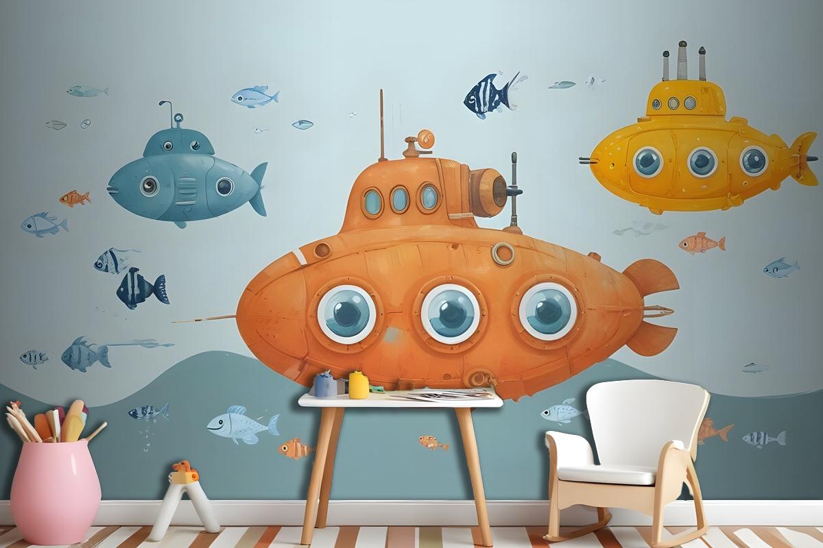 Kids Boys Watercolor Underwater With Submarine Wallpaper Mural