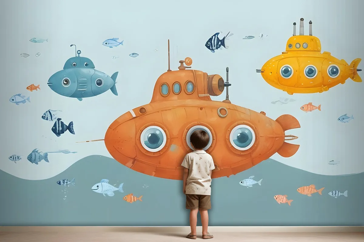 Kids Boys Watercolor Underwater With Submarine Wallpaper Mural