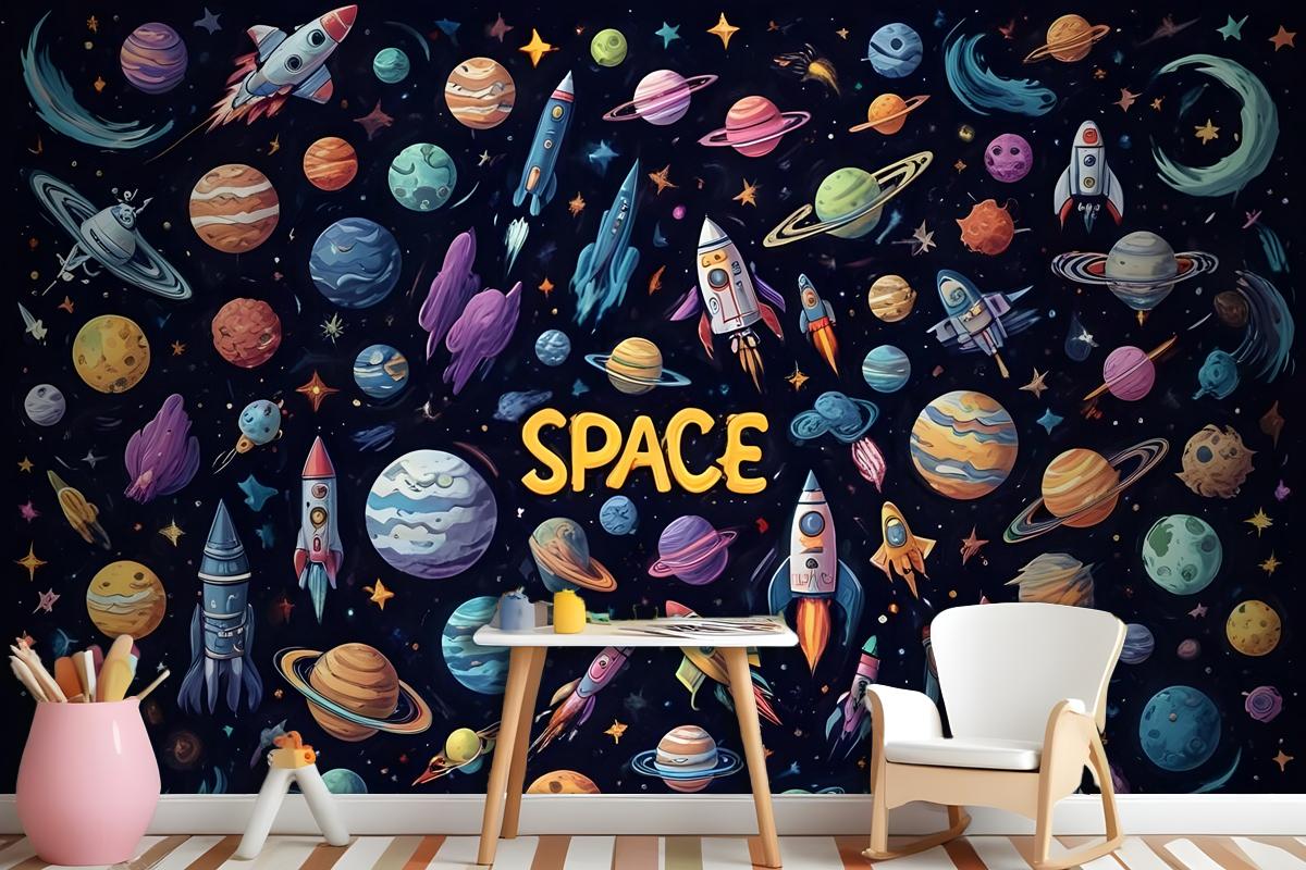 Kids Cartoon Space With Astronaut And Colorful Planets Wallpaper Mural