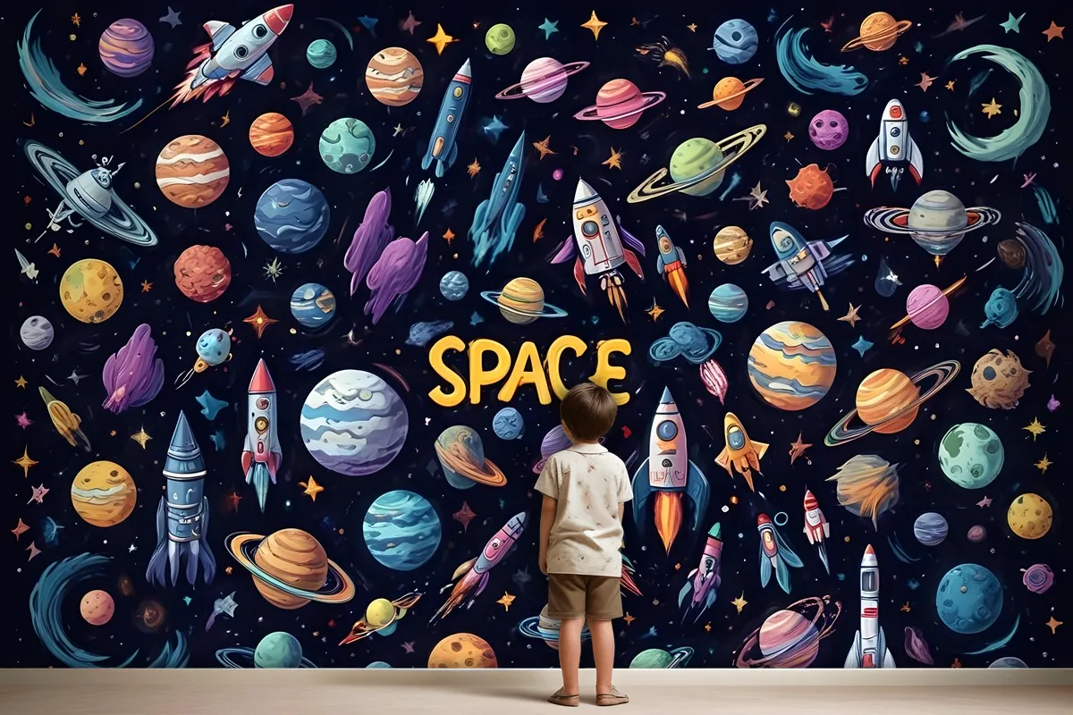 Kids Cartoon Space With Astronaut And Colorful Planets Wallpaper Mural