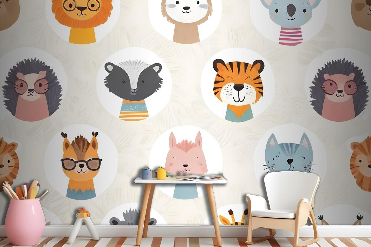 Kids Cute Safari Animals Pattern Wallpaper Mural