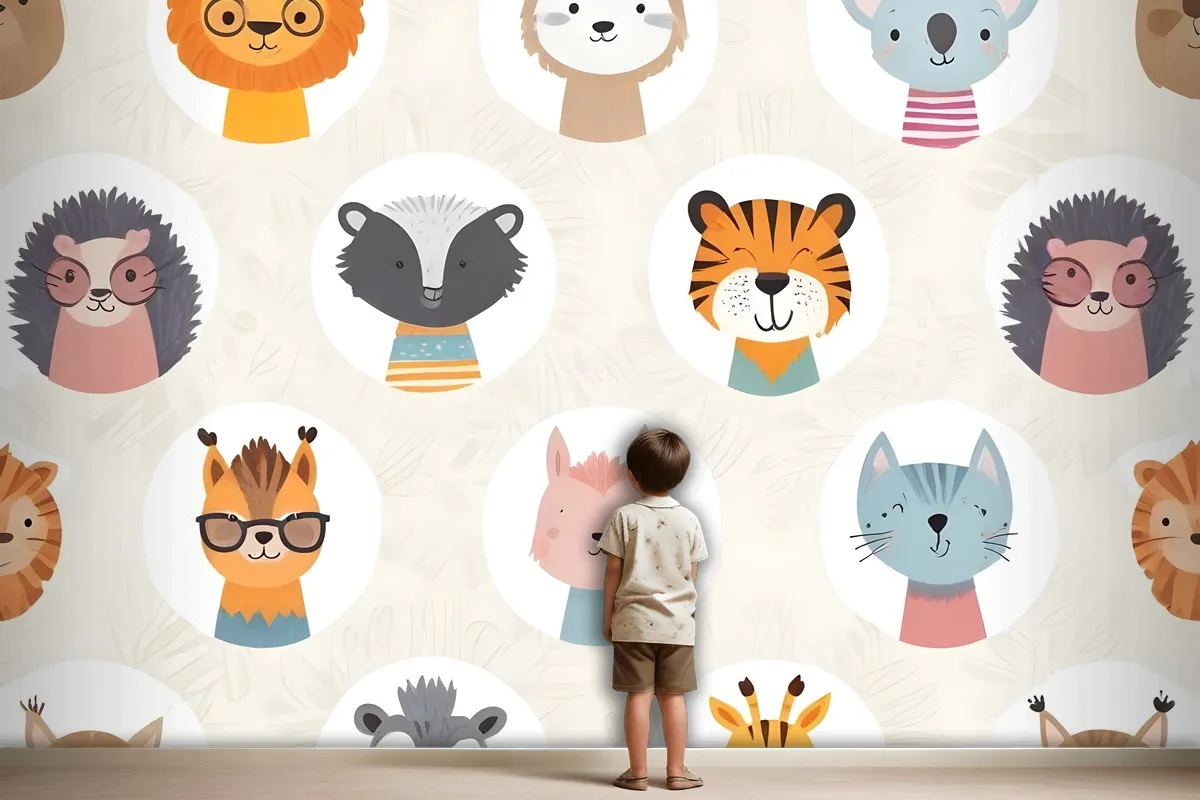 Kids Cute Safari Animals Pattern Wallpaper Mural