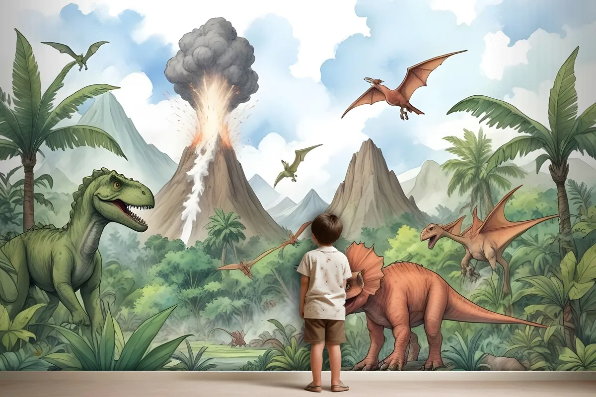 Kids Dinosaur With Trex Jurassic World Wallpaper Mural