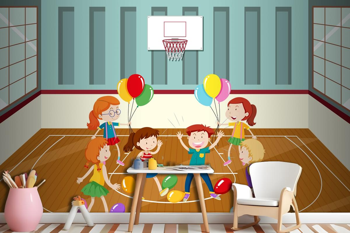 Kids Doing Physical Activity With Balloons Wallpaper Mural