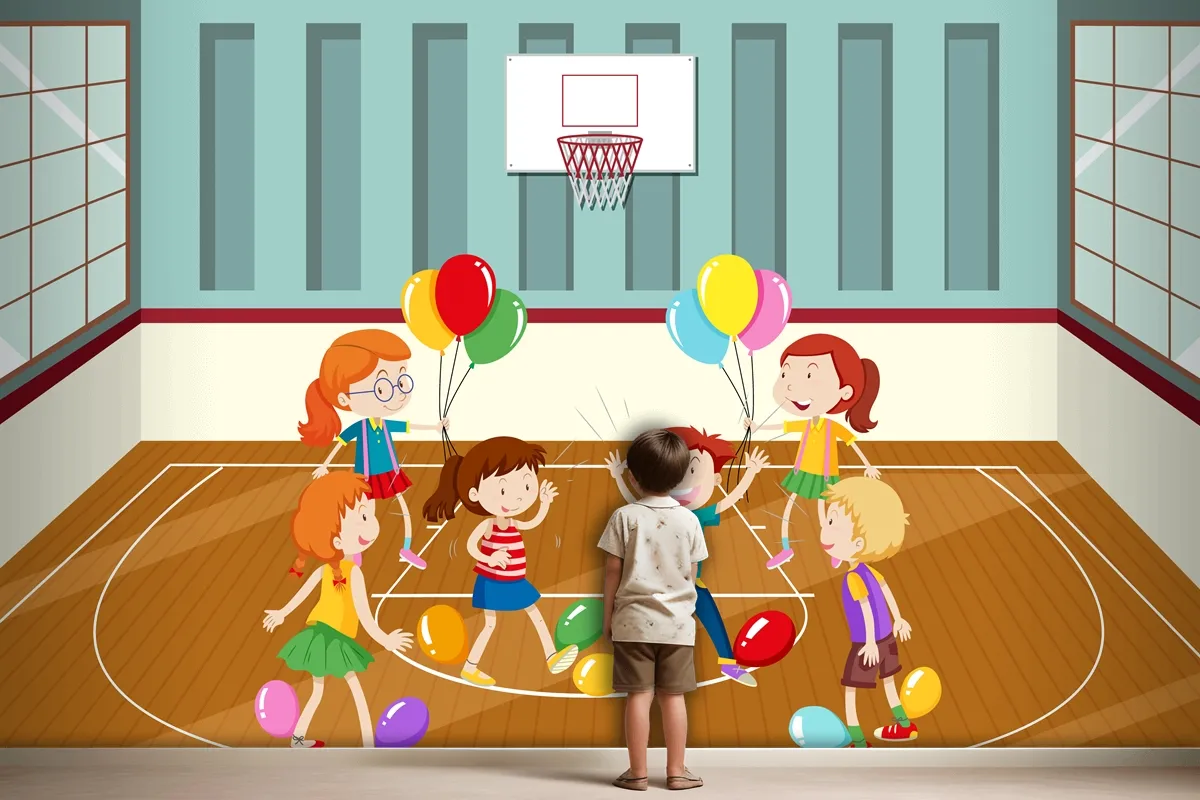 Kids Doing Physical Activity With Balloons Wallpaper Mural